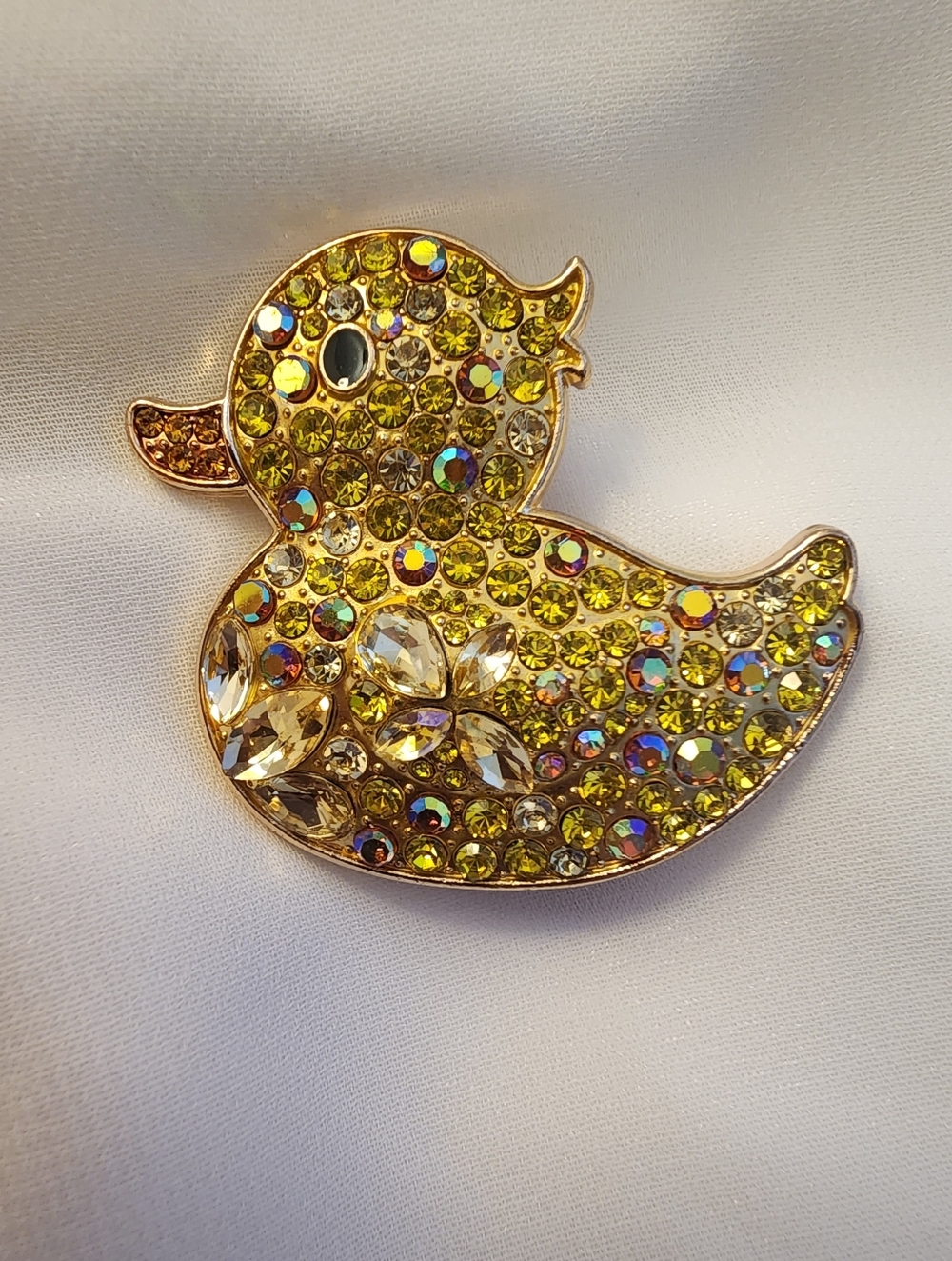 Sparkling Yellow Duck Duckling Brooch Pin Rhinestone Iridescent Aurora Borealis
